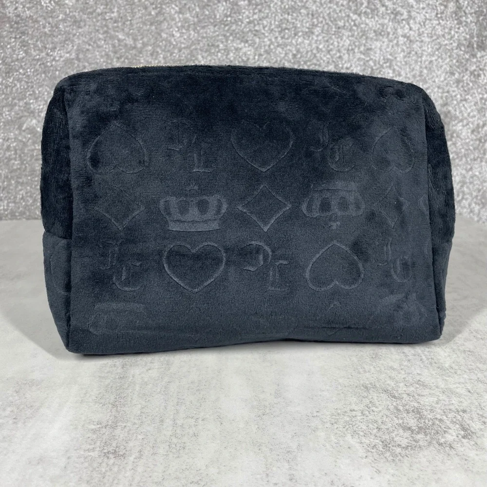 Juicy Couture Velour Makeup Bag Y2K Embossed Monogram Cosmetic Pouch Black Gold